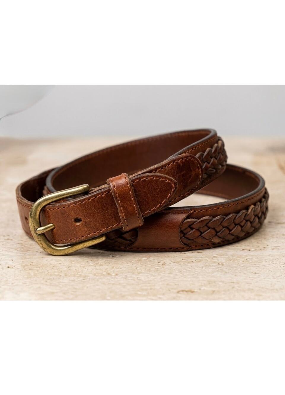 Braided Woven Brown Leather Belt Brass Buckle Boho Western 90